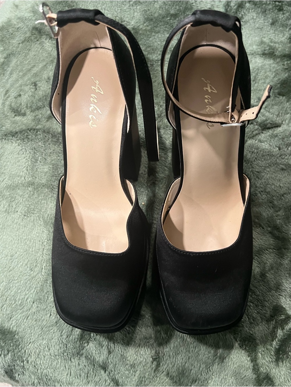 Black Square-Toe Ankle-Strap Platform Heels